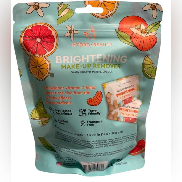 HYDRO BEAUTY Brightening Makeup Remover 25ct- WIPES Vitamin C, Orange