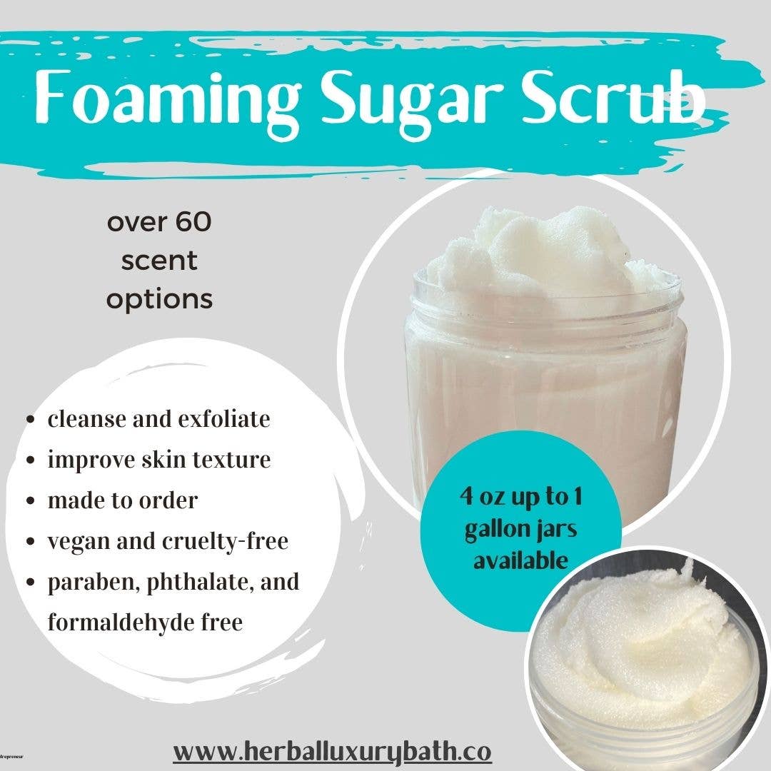 8 oz Unlabeled Foaming Sugar Scrub- label and resell as you: Clear w/ ribbed black lid / Oatmeal and Honey